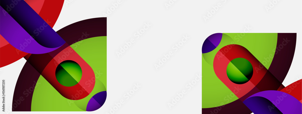 Poster abstract design features vibrant curves, circles, squares. purple, red, green hues create dynamic co