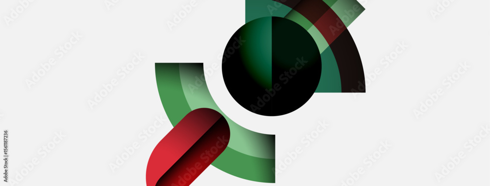 Poster abstract geometric shapes overlap, creating dynamic composition. red, green, black hues dominate whi