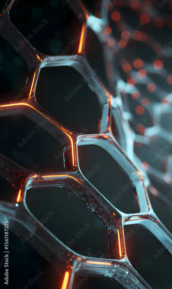 Poster futuristic hexagonal structure with glowing edges for technology and science visuals abstract