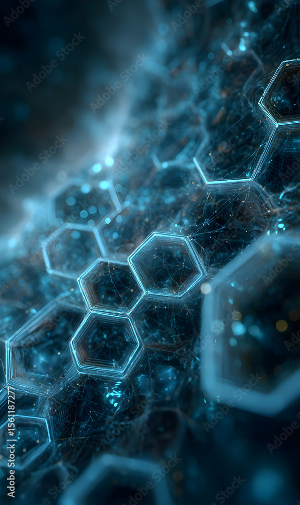 Poster futuristic blue honeycomb structure intricate geometric pattern with glowing edges and abstract