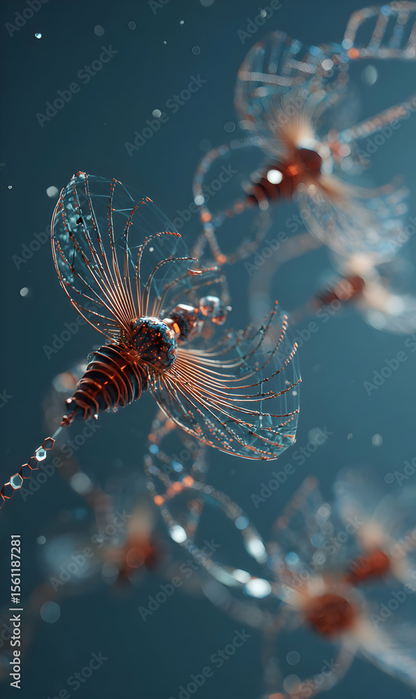Poster delicate translucent insect like structures with intricate patterns floating in ethereal space