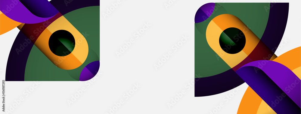 Poster abstract design features layered shapes, vibrant colors. purple, orange, green create dynamic compos