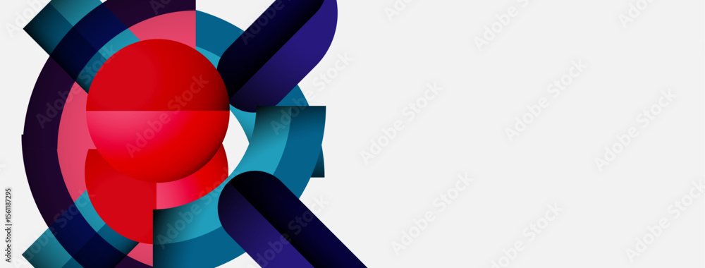 Poster abstract geometric design. red sphere surrounded by layered blue, purple shapes. minimalist composit