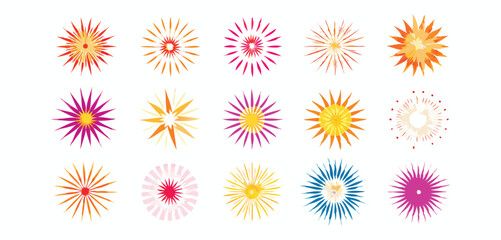 Vector art of a collection of colorful starburst shapes isolated on white background.
