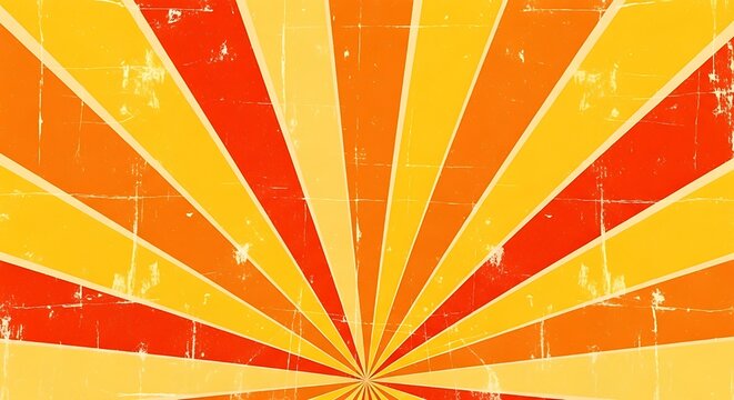 Retro style grunge background with radiating sunbeams in vibrant colors