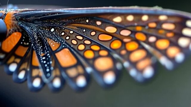 Detailed macro view of a butterfly wing showcasing vibrant orange black and white patterns with water droplets against blurred green background