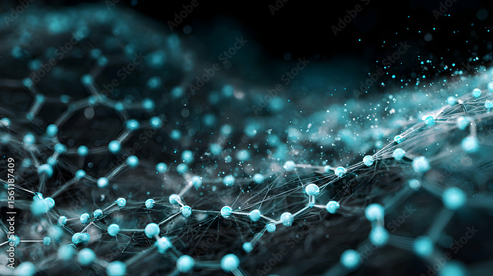 Poster abstract molecular structure with turquoise glowing nodes and lines forming complex interconnected