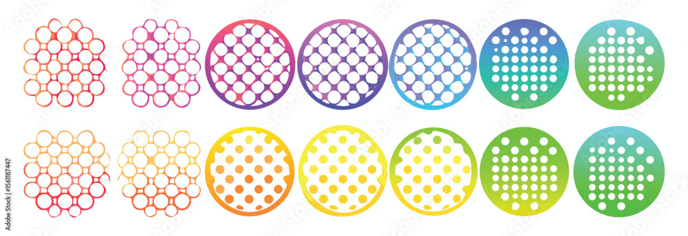 Poster vector art of a set of colorful geometric patterns in circles, isolated on white background.