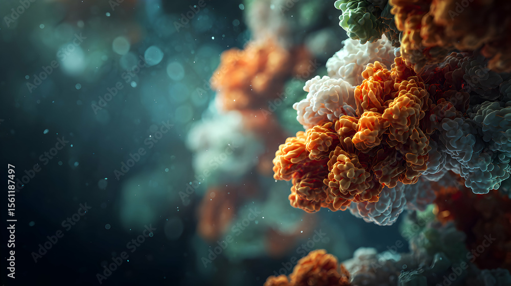 Poster abstract molecular structures in orange white and green colors with blurred backgrounds create a