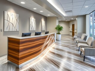 Stylish Minimalist Waiting Room with Wooden Seating, White Walls, and Sunlight Streaming Through Panoramic Windows
interior of a modern living room