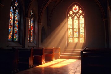 Fototapeta premium Sunlight streams through stained-glass windows in a serene chapel, illuminating dust motes dancing in the air A feeling of peace and contemplation pervades the sacred space , faith, structure