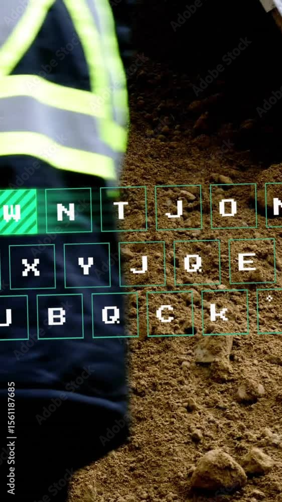 Poster animation of data processing over digger and builder at construction site
