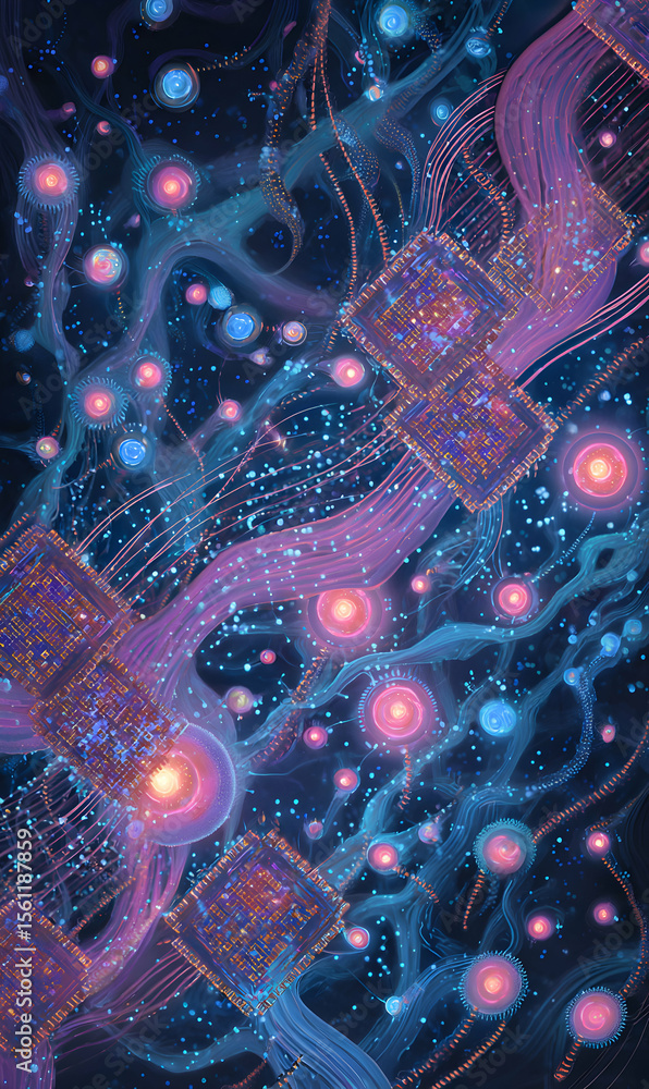 Poster ethereal network of interconnected nodes with glowing orbs and fluid lines abstract illustration