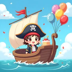 Cute anime-style pirate child holding balloons on a boat with birthday cake, bright fantasy scene