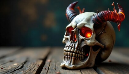 Intricate demonic skull sculpture, meticulously crafted with horns and fiery details, rests on an aged wooden surface Perfect for Halloween, gothic, or fantasy themed projects , darkness, monster
