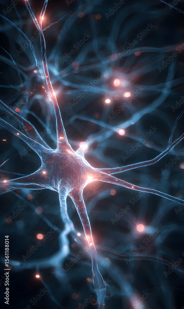 Poster interconnected neural network illustrating biological brain cells digital science communication