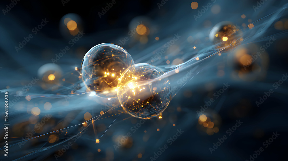 Poster interconnected network spheres with glowing nodes and abstract connections on dark backdrop