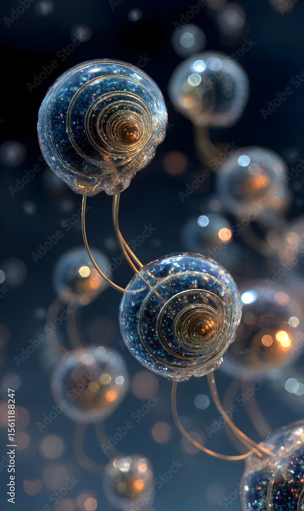 Poster abstract interconnected spheres with intricate internal patterns in ethereal blue and gold tones