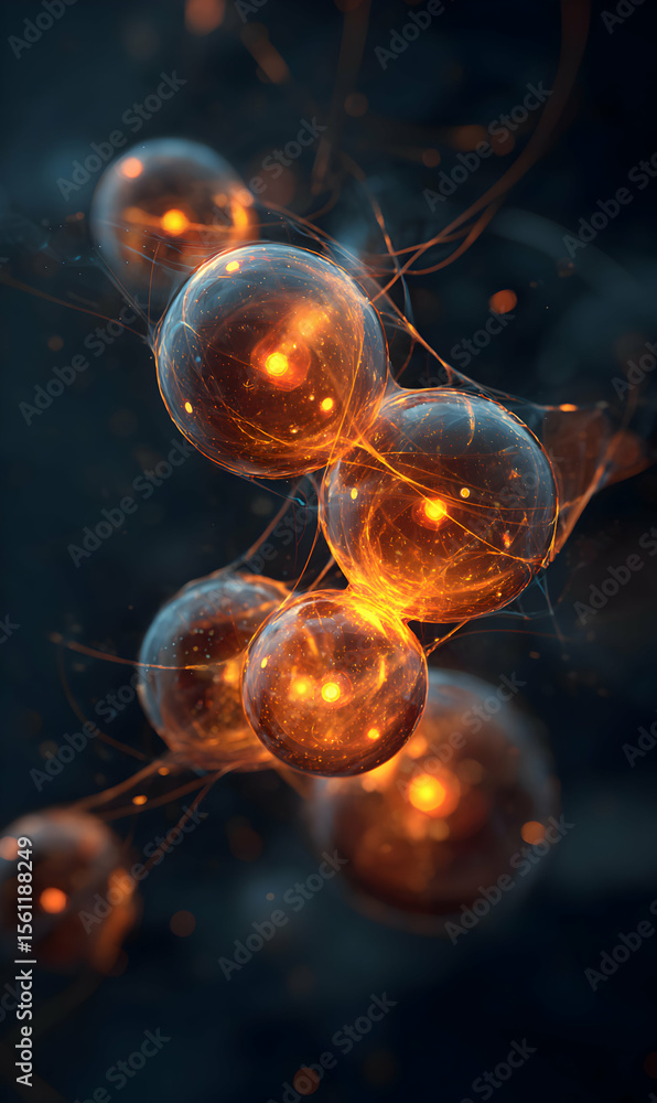 Poster mystical luminous spheres floating in dark space with glowing centers and ethereal connections