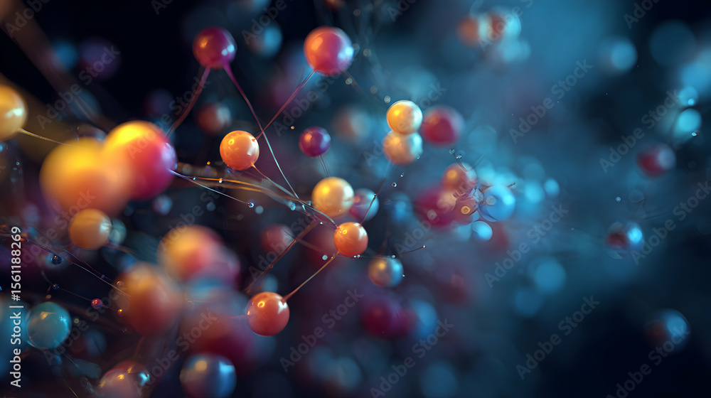 Poster molecular network visualization featuring interconnected spheres creating a complex abstract