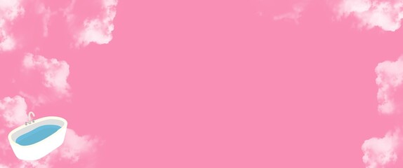 A playful, dreamy pink background with fluffy white clouds framing the edges, and a small white bathtub filled with blue water in the bottom left corner.