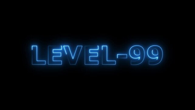 glowing neon Level Ninety-nine 99 text animation video on black background motion graphic 