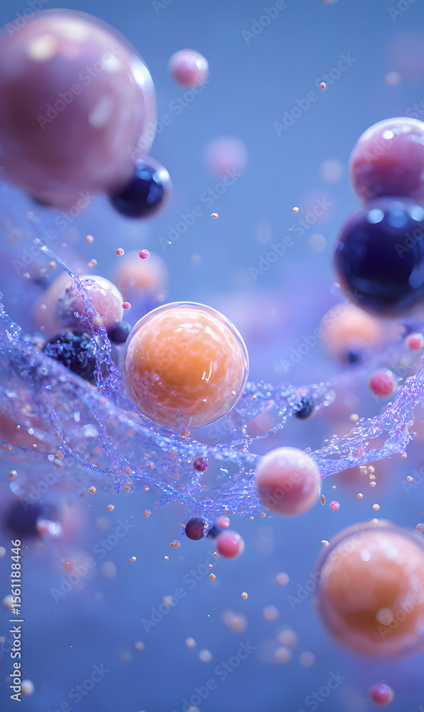 Poster floating spherical forms in dreamy pastel hues for modern abstract visual concepts background with