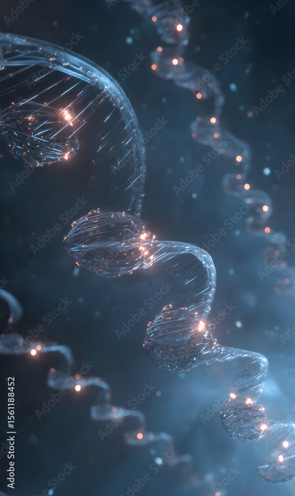Poster translucent spiral forms intricate network glowing particles floating against cosmic backdrop