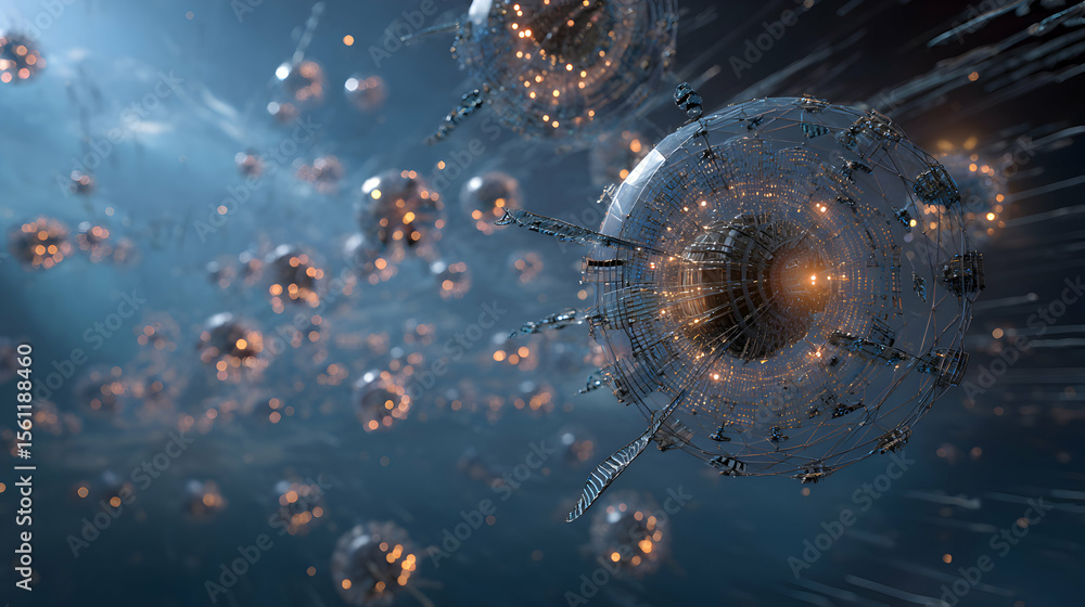 Poster futuristic interconnected network nodes with glowing core, an advanced civilization concept with