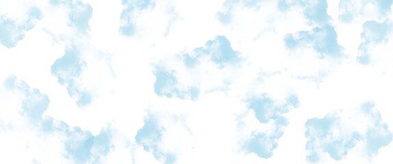 A bright and airy background featuring scattered, fluffy light blue clouds against a pristine white sky, creating a serene and dreamlike atmosphere
