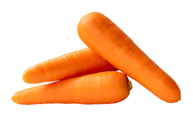 Side view of three fresh orange carrot roots in stack isolated on white background with clipping...