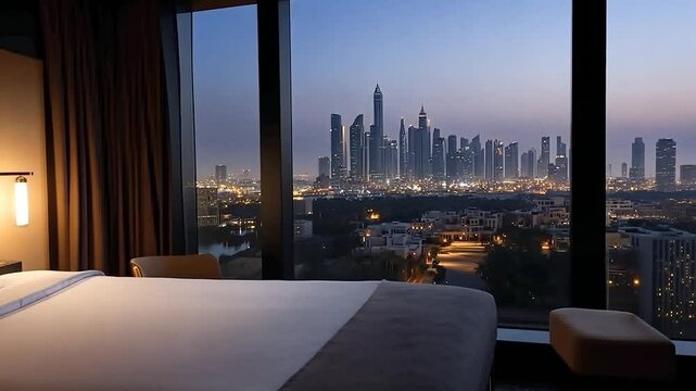 Interior bedroom view of a city skyline at dusk featuring a bed a large window showcasing the cityscape curtains and ambient lighting