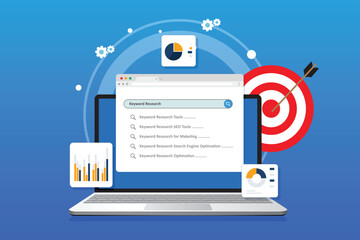Keyword Research and SEO optimization concept. Selection popular search terms with search engine suggestion tips.