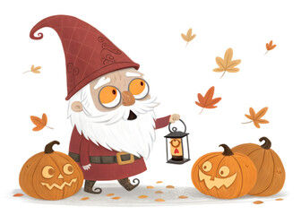 Naklejka premium Gnome with Lantern and Pumpkins - Whimsical Halloween Art