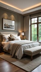 Luxurious master bedroom with large window, plush bedding, and elegant nightstands Perfect for interior design, home decor, and real estate websites , architecture, room