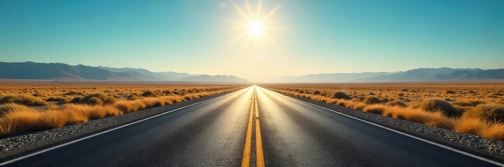 Fototapeta premium Endless asphalt ribbon stretches towards a hazy horizon, sun-drenched landscape unfolding under a vast, blue sky Perfect for travel, adventure, and freedom themes , road, space