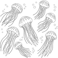 Multiple jellyfish float gracefully underwater, surrounded by bubbles in a delicate black-and-white illustration.