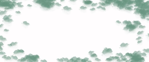 A clean white background framed by abstract, soft green cloud-like or foliage-like smudges,...