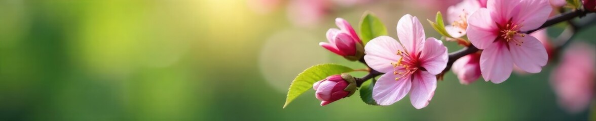 Naklejka premium Close-up of a blossoming branch, delicate pink flowers and vibrant green leaves, symbolizing renewal and healing Perfect for healthcare, wellness, and spring themes , wellness, pink