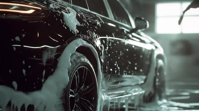 Black SUV coated in soapy foam at a car wash