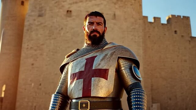 A medieval knight stands proudly in front of an ancient stone fortress with a sunlit sky background. The knight wears ornate armor and a crusader cross on his chest creating a historical vibe