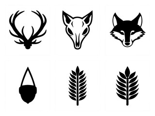 Obraz premium Set of six stylized black and white animal and plant icons on white backgrounds