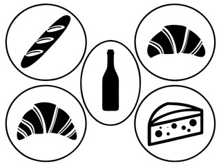 Stylized icons of french food and drink including baguette croissants cheese and wine