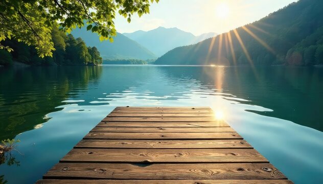 Serene lakeside dock extending over calm water, perfect for quiet reflection or leisurely fishing Sunlight glistens on the water's surface, creating a peaceful atmosphere , wildlife, tranquility