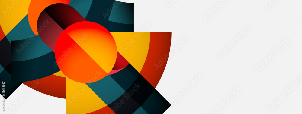 Poster abstract geometric shapes overlap, creating vibrant color contrasts. orange sphere dominates composi