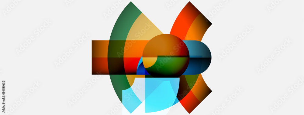 Poster Abstract geometric composition. Overlapping colorful circles, squares create dynamic visual effect. Modern design, vibrant hues.
