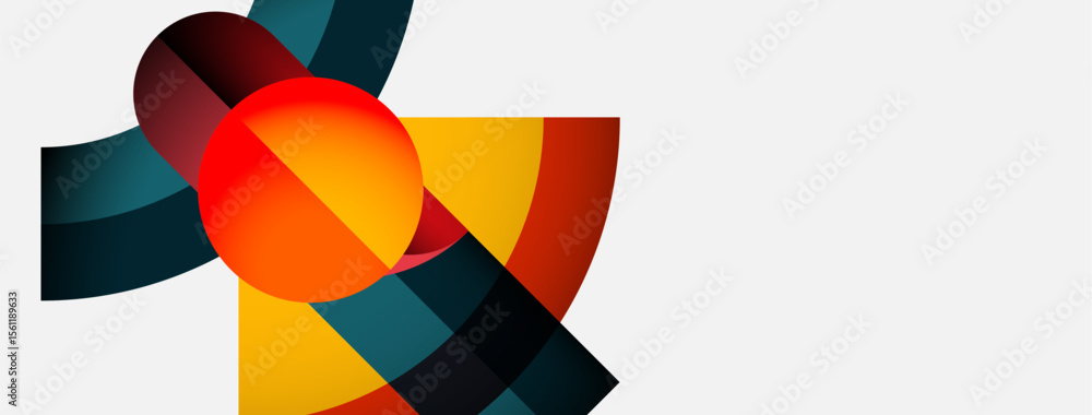 Poster abstract shapes overlap, creating vibrant color blends. orange sphere dominates composition with tea