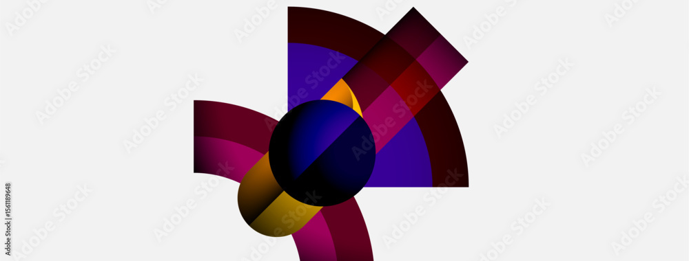 Poster Abstract composition features colorful arcs, circle. Shapes overlap creating dynamic visual effect. Minimalist design, white background.
