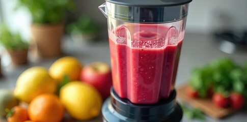 A vibrant smoothie being blended in a sleek, modern blender food processor Perfect for healthy eating and quick meal prep Close-up shot highlighting the texture and color , blend, wellness, beverage