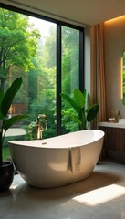 Relaxing bathroom oasis featuring a freestanding bathtub as the focal point, surrounded by lush greenery and soft lighting, creating a spa-like atmosphere , eco, home spa